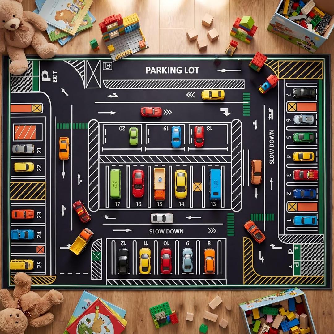 Tinideya Kids Playmat Rug 5x7 ft, Non-Slip Rubber Backing Traffic Road Playmat, Cars Play Mat for Toddler Children Playroom Classroom Bedroom(Multicolor, Car Parking)