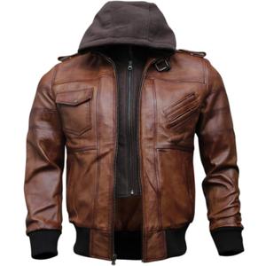Mens Genuine Black Hooded Bomber Leather Jacket | Real Lambskin Waxed Brown Leather Jackets for Men with Removable Hood (Medium)