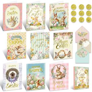 Decorably 36 Pack Gold Foil-Embossed 4x6in Vintage Easter Cards with Envelopes and Stickers, 9 Classic Designs Easter Cards Bulk with Envelopes, Blank Inside