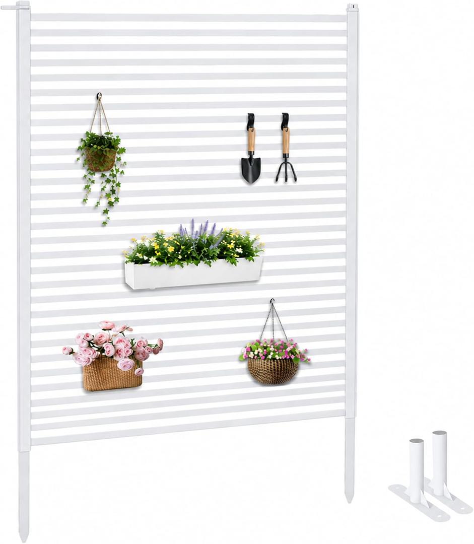 Twira Outdoor Privacy Screen 47" x 71", Freestanding Feet Privacy Fence Screen for Outside, Trash Can Metal Privacy Panels, 4FT x 6FT Decorative Pipes and Slats Divider for Backyard Patio Garden White