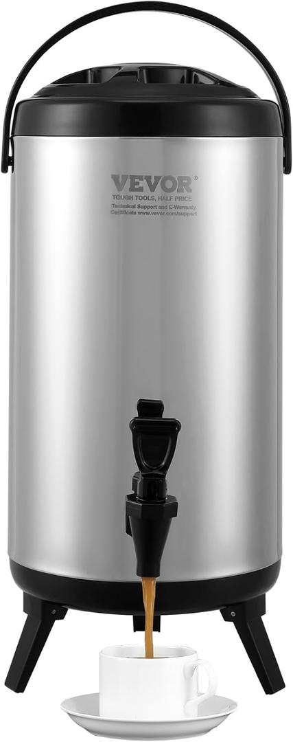 VEVOR Stainless Steel Insulated Beverage Dispenser, 2.4 Gallon 9.2 Liter, Thermal Hot and Cold Drink Server Dispenser with Spigot Handle, Food-grade for Hot Tea Coffee Water Restaurant Drink Shop