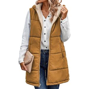 ECOWISH Women Long Puffer Vest: Fall Zip up Reversible Fleece Jacket 2025 Winter Warm Sleeveless Hooded Coat with Pockets (Medium, Brown)