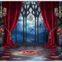 7x5ft Fabric Halloween Vampire Medieval Castle Backdrop Gothic Window Red Curtain Bats Photography Background Haunted House Party Decor Photo Props