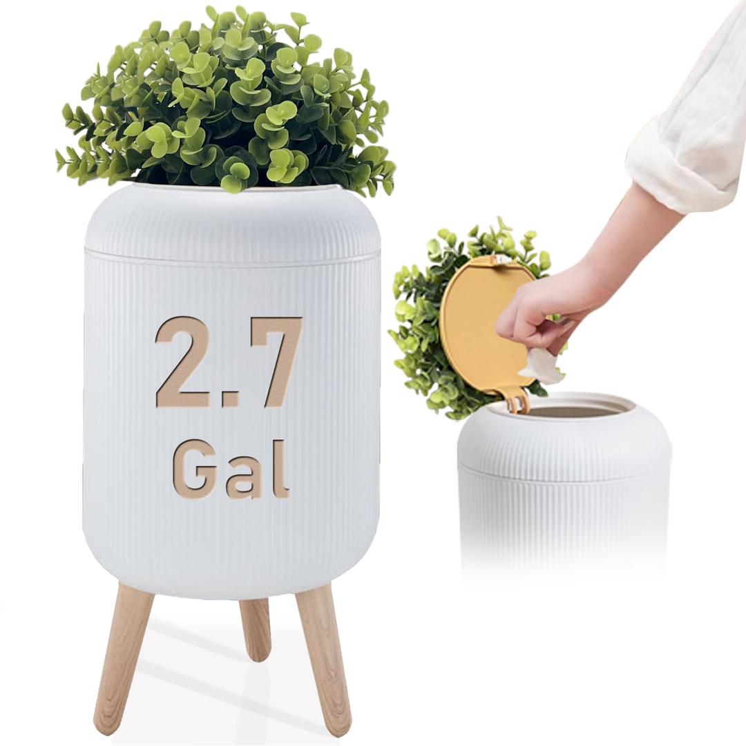 Yatmung Bathroom Trash Can with Lid - Small Bathroom Garbage Can - Bedroom, Office, Living Room, Entryways - Disguised Decorative Trash Bin (Faux Plant) - Plastic Hidden Waste Basket - 2.7 Gal, White