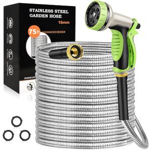 GOXAWEE Garden Hose 75FT, Stainless Steel Heavy Duty Water Hose With 10 Function Nozzle, No-Kink, Tough & Flexible, Sturdy and Lightweight, Rust Proof for Yard, Outdoor, RV