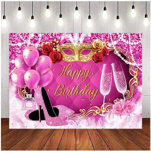 Happy Birthday Pink Masquerade Party Photography Backdrops Golden Mask Red Rose Women Birthday Party Decorations High Heels Champagne Pink Balloons Adult Mardi Gras Dress-up Party Decoration (6X4FT)