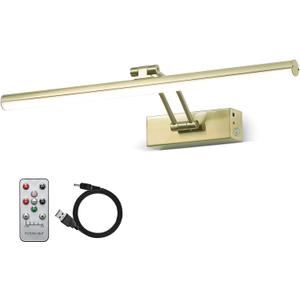 FUNCHDAY Wireless Picture Lights,Rechargeable Battery Picture Light for Paintings with Remote, Dimmable Dartboard Light with Timer,16 Full Metal Art Light for Wall Frame Portrait Anque Brass (Antique Brass- Swing Arm)