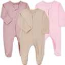 Aablexema Baby Pajamas Bamboo Rayon Zipper, 3pcs Unisex Infant Outfit with Mitten One Piece Footie Sleepwear 
(Beige & Pink & Purple, Newborn)