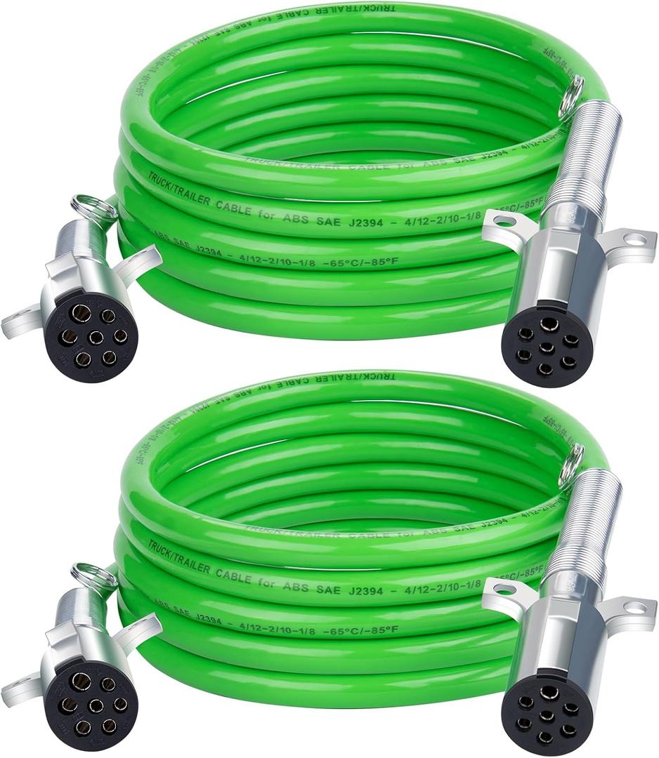 CheeMuii 2 Pack 7 Way Trailer Cord 15 FT ABS Electrical Trailer Wire Heavy Duty Green Straight Power Cable for Semi Trucks Trailers Tractors 