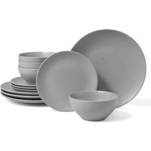 Famiware Moon Dinnerware Sets for 4, 12 Pieces Stoneware Plates and Bowls Sets with Speckled Design, Matte Dish Set, Microwave and Dishwasher Safe, Light Gray