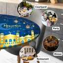 Ramadan Round Fitted Tablecloth with Elastic Edge Waterproof Washable Gold Moon Star Table Cloth Fit 44"-48" Round Table Cover Eid Mubarak Decor for Kitchen Dining Picnic Outdoor Party (Blue)