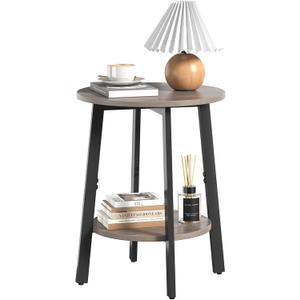Side Table, Small Round End Table with Storage Shelf for Small Space, 2-Tier Bedside Table Sofa Couch Table, Round Accent Table Nighstands for Living Room, Bedroom, Grey