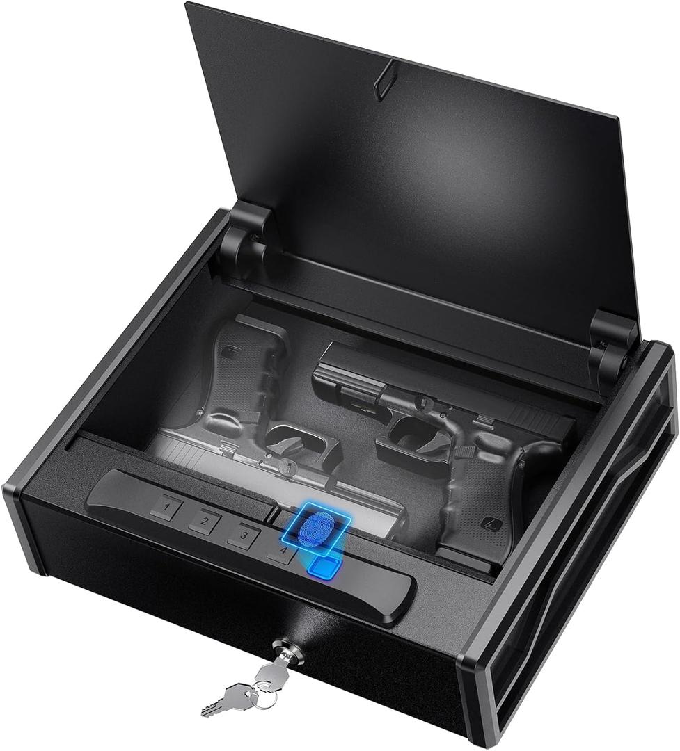 Biometric Gun Safe for Handgun - 3-Way Quick Access Pistol Safe with Fingerprint/Digital Keypad/Key, Large Capacity Gun Lock Box for Home, Bedside Nightstand and Car, Stain Black