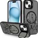 OOK Magnetic Case for iPhone 15 with KicstandCompatible with Magsafe Built-in Camera Stash Stand Slim Translucent Matte Case for iPhone 15, Black Wildflowers Pattern (6.7")