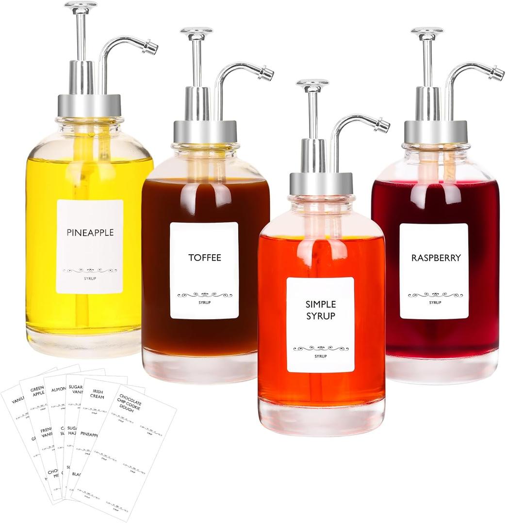 ​16.9oz Coffee Syrup Dispensers 4Pack- Glass Syrup Dispenser Kit for Coffee Bar Accessories for Home Coffee Bar/ Premium Labeled Barista Kit, Silver