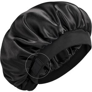 YFONG Real Mulberry Silk Bonnet, Double Layer Silk Lined Bonnet for Sleeping Women Men, Adjustable & Non-Slip Sleep Cap (Black)