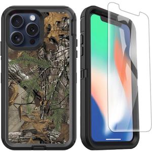Compatible for iPhone 15 Pro Case With Screen Protector, Heavy Duty Camo for Men Boys [Military Grade Protection] Shockproof Protective 6.1Inch 2023, Camouflage (iPhone 15 Pro 6.1IN)