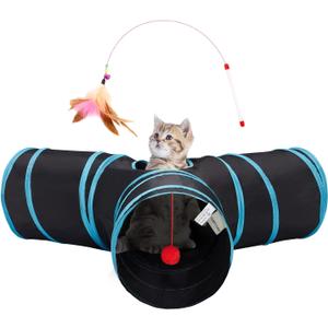 Tempcore Pet Cat Tunnel Tube Toys 3 Way Collapsible, Tunnels for Indoor Cats, Interactive Tube with Teaser Wand, Peek Holes & Hanging Ball, Black & Blue