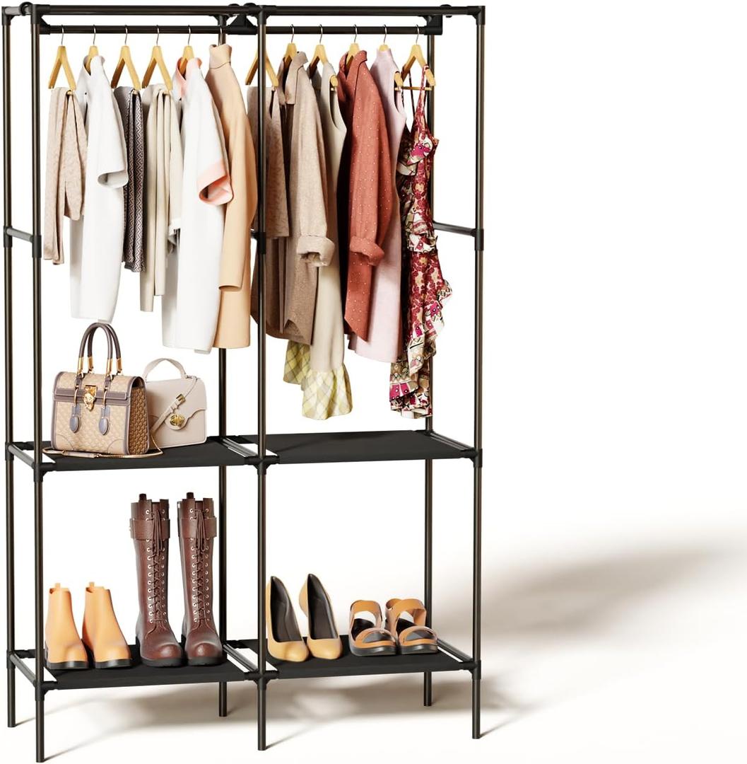 Portable Closet, Wardrobe Closet with 4 Shelves and 2 Hanging Rods, Freestanding Clothing Rack for Bedroom, Storage Organizer for Hanging Clothes, Black