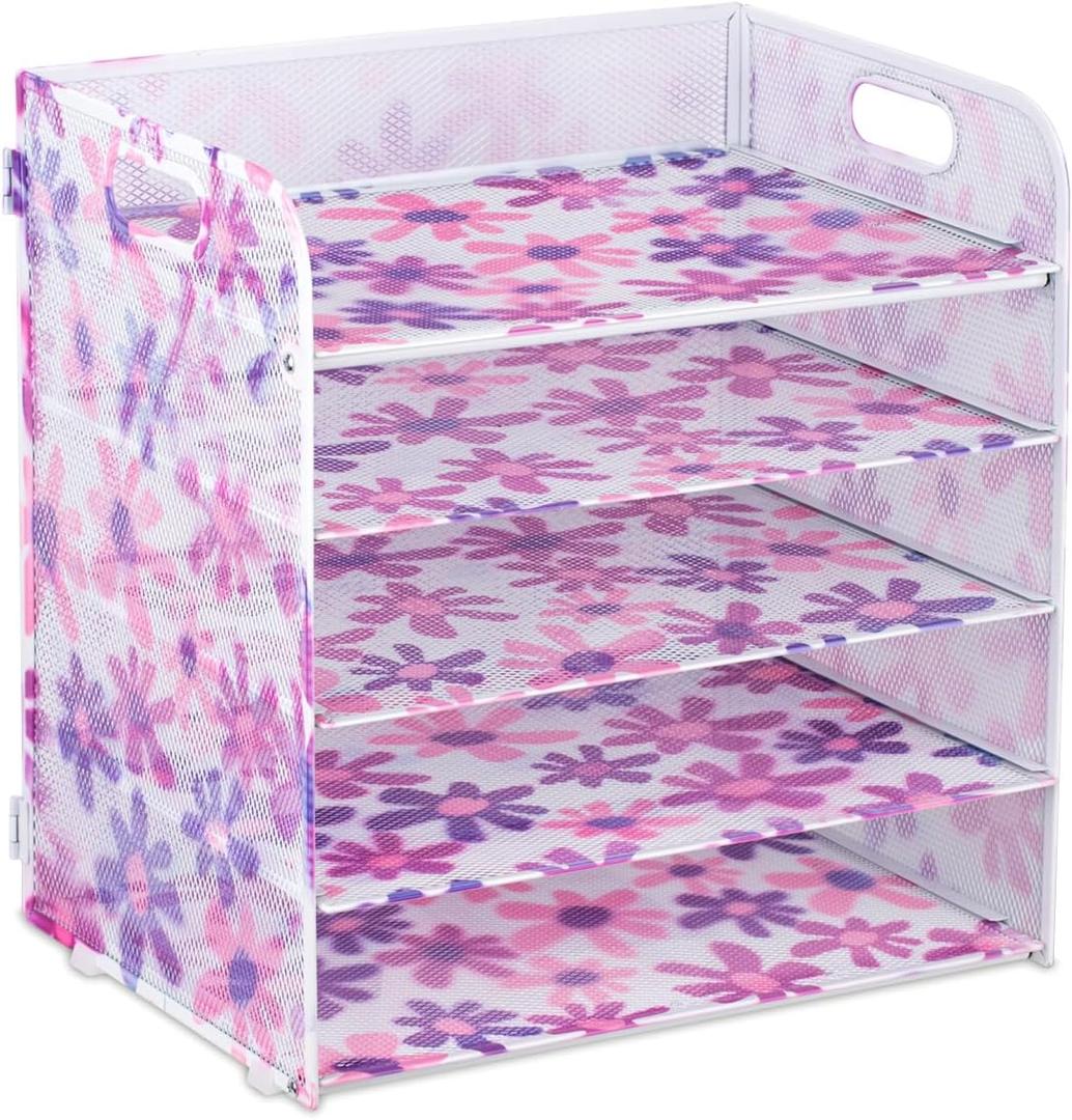 5 Trays Desk Organizer Document Holder with Handle File Organizer Paper Organizer for Desk for Office Supplies Home and School(Floral)