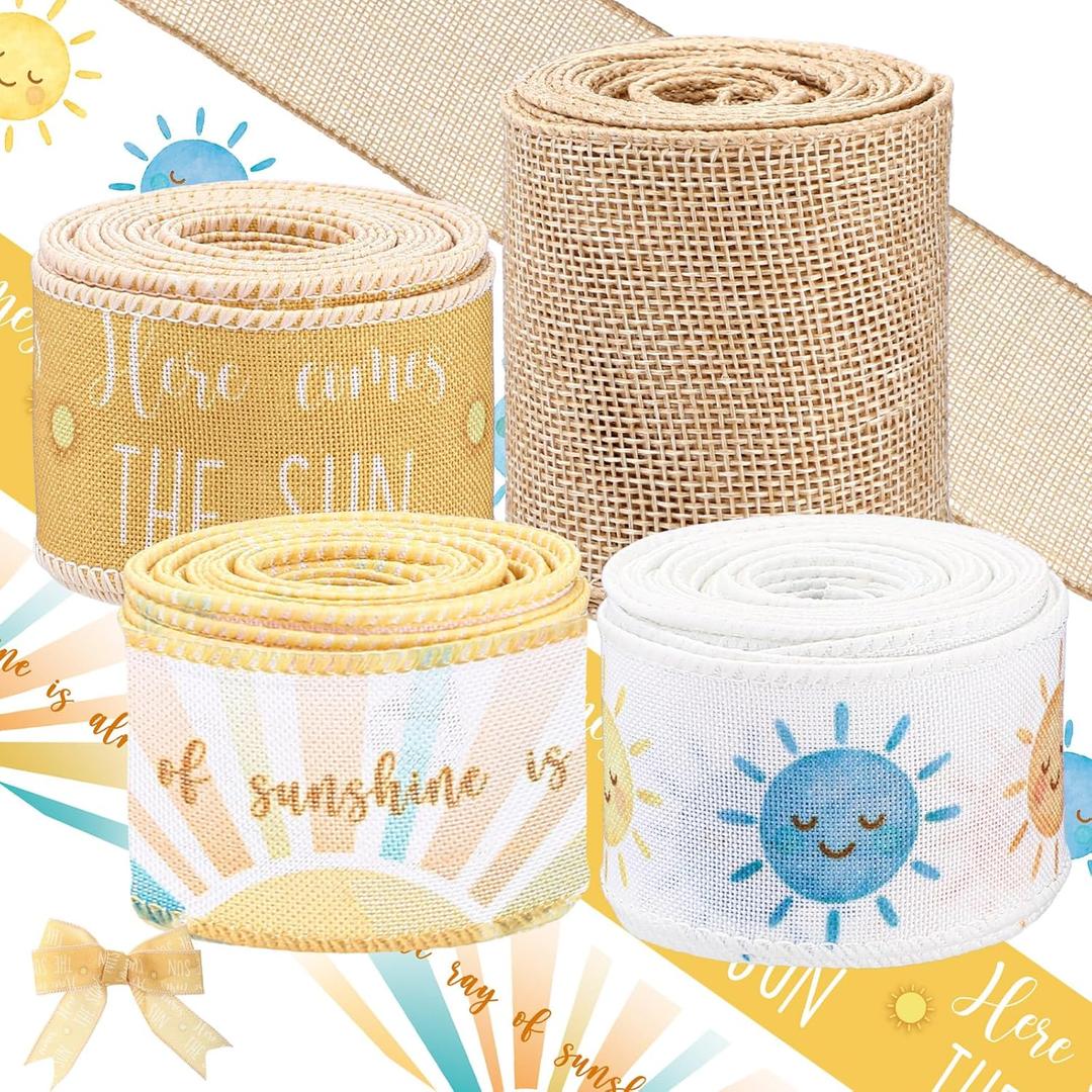 Waydress 4 Rolls Here Comes The Sun Ribbon 2.5 Inch Wired Baby Shower Ribbon for Diaper Cake Wreaths Bows Gift Wrapping DIY Crafts Girl Baby Shower Decoration(Yellow)