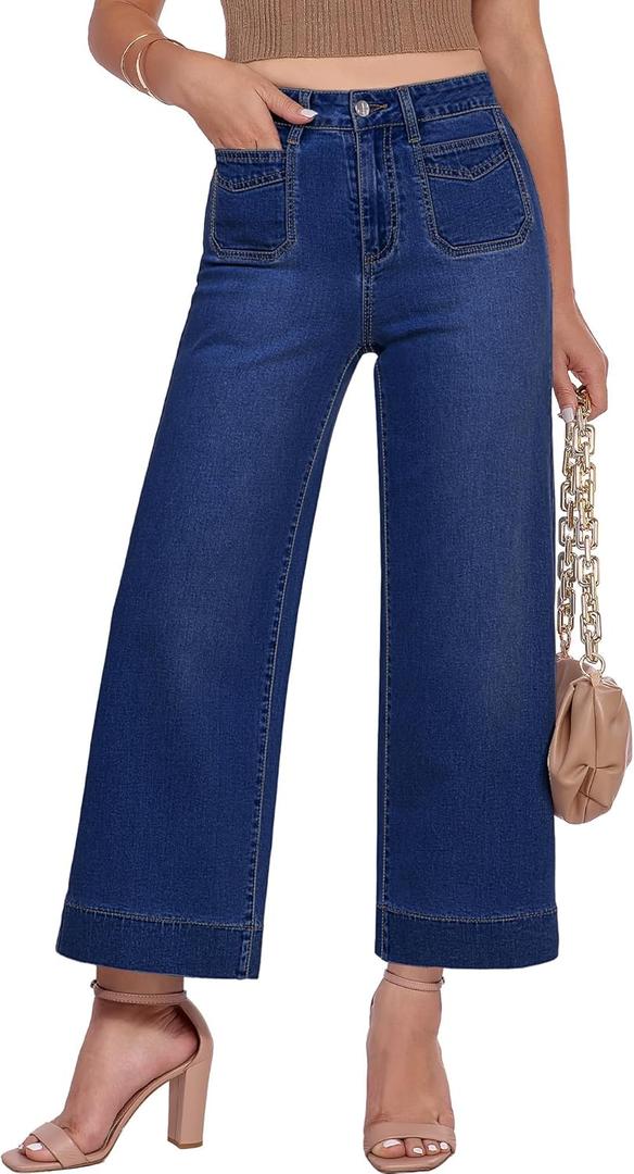GRAPENT Cute Jeans for Women Denim Outfit Womens Short Length Patch Pocket Plus Size High Rise Wide Leg Cropped Jeans, Darkness Blue, XL, US Size 16 to 18