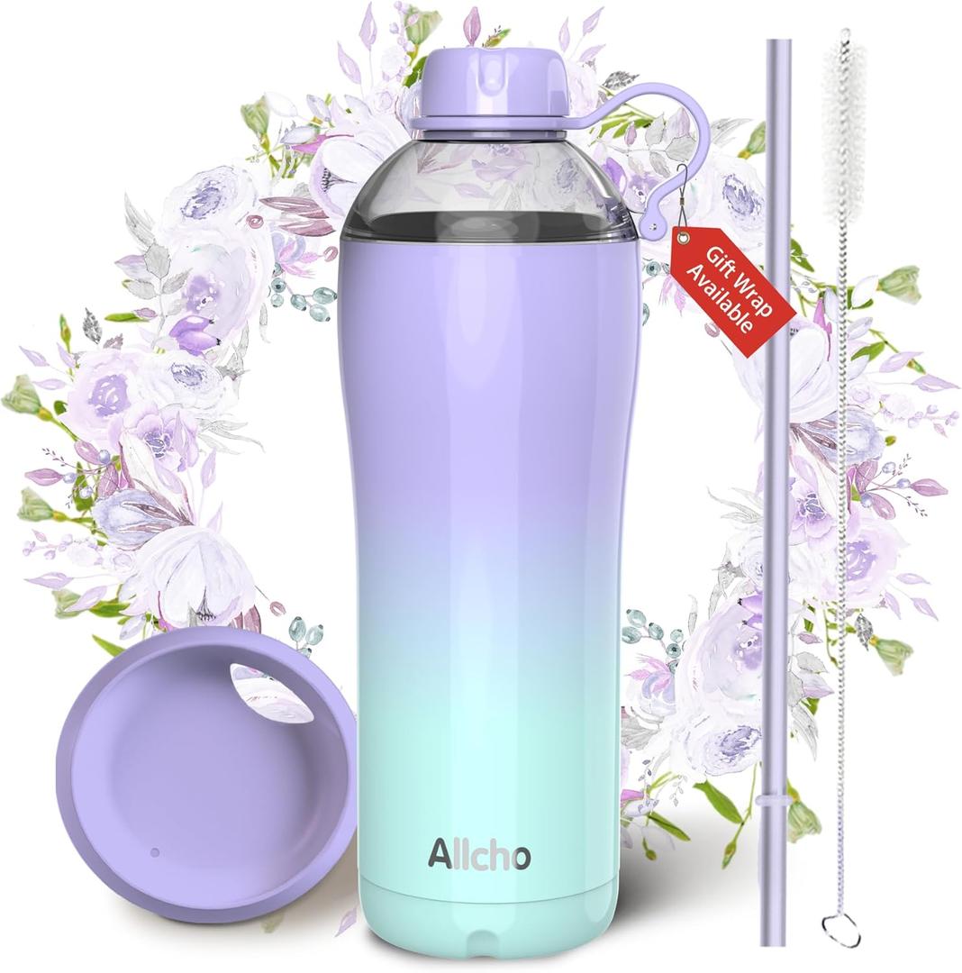 Insulated Water Bottle for Women, 24 oz Stainless Steel Water Bottles, Double Walled, 2 Lids (Chug & Tumbler) - Hydrate & Caffeinate, (Lavender Meadow)