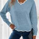 Womens V Neck Pullover Sweaters Long Sleeve Scallop Trim Knit Tops Loosed Fit 2026 Fall Outfits (Medium, Blue)