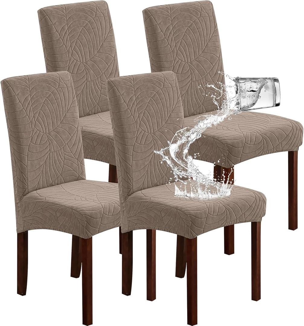 Genina Waterproof Chair Covers for Dining Room, Stretch Jacquard Dining Chair Slipcovers Removable Washable Chair Protector for Kitchen, Hotel, Restaurant (Leaves-Taupe, 4 PCS)
