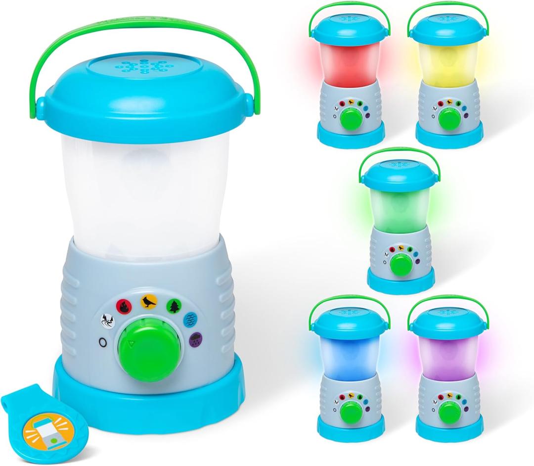 Melissa & Doug Lets Explore Light & Sound Camping Lantern Play Set, lantern, 3 double-sided cards to set the scene (cards store in bottom of lantern), collectible medallion
