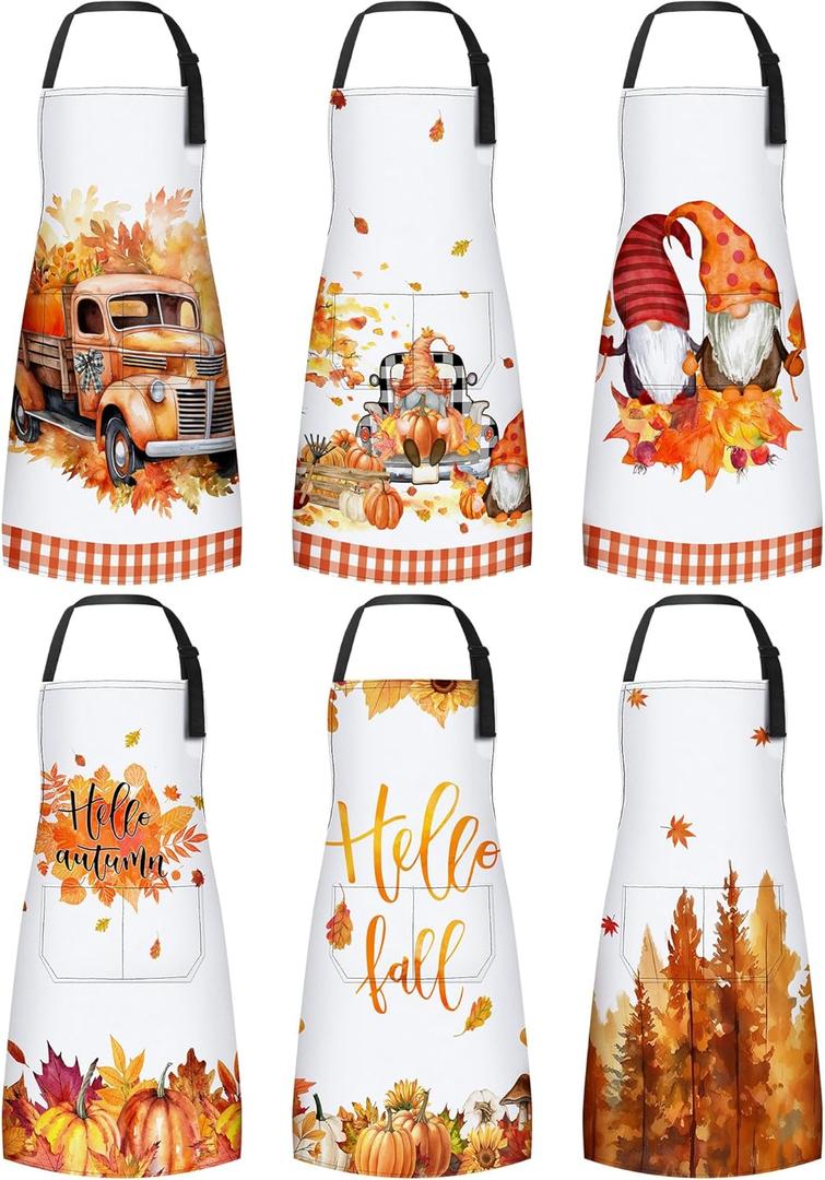 Bencailor 6 Pcs Fall Thanksgiving Aprons with Pockets Waterproof Autumn Kitchen Aprons Baking Cooking gifts for Women (Bright Color)