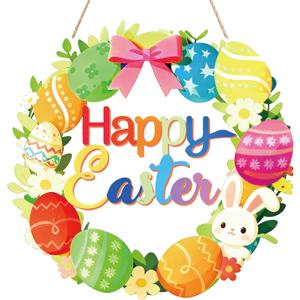 2 x Easter Decoration Wooden Wreath for Front Door Sign Happy Easter Bunny Eggs Spring Decoration, Rabbit Sign Welcome Hanging Wall Signs for Home Wall Decor Party Outdoor Indoor