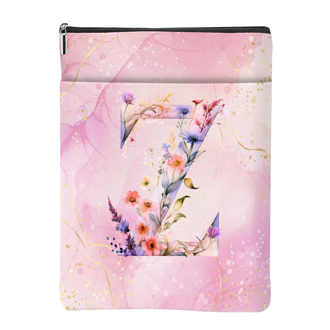 Aesthetic Flower Initial Z Monogrammed Personalized Gifts for Women Bookish Gifts Book Sleeve Book Pouch Protector Cover for Paperbacks Reading Accessories for Sister Bachelorette Party, Pink