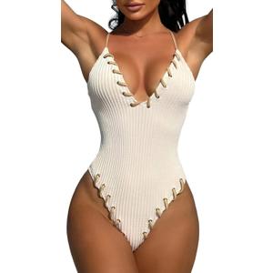 HYTENSUN Women's Criss Cross One Piece Swimsuits V Neck Binding Ribbed Swimwear High Cut Bathing Suit (145-beige)