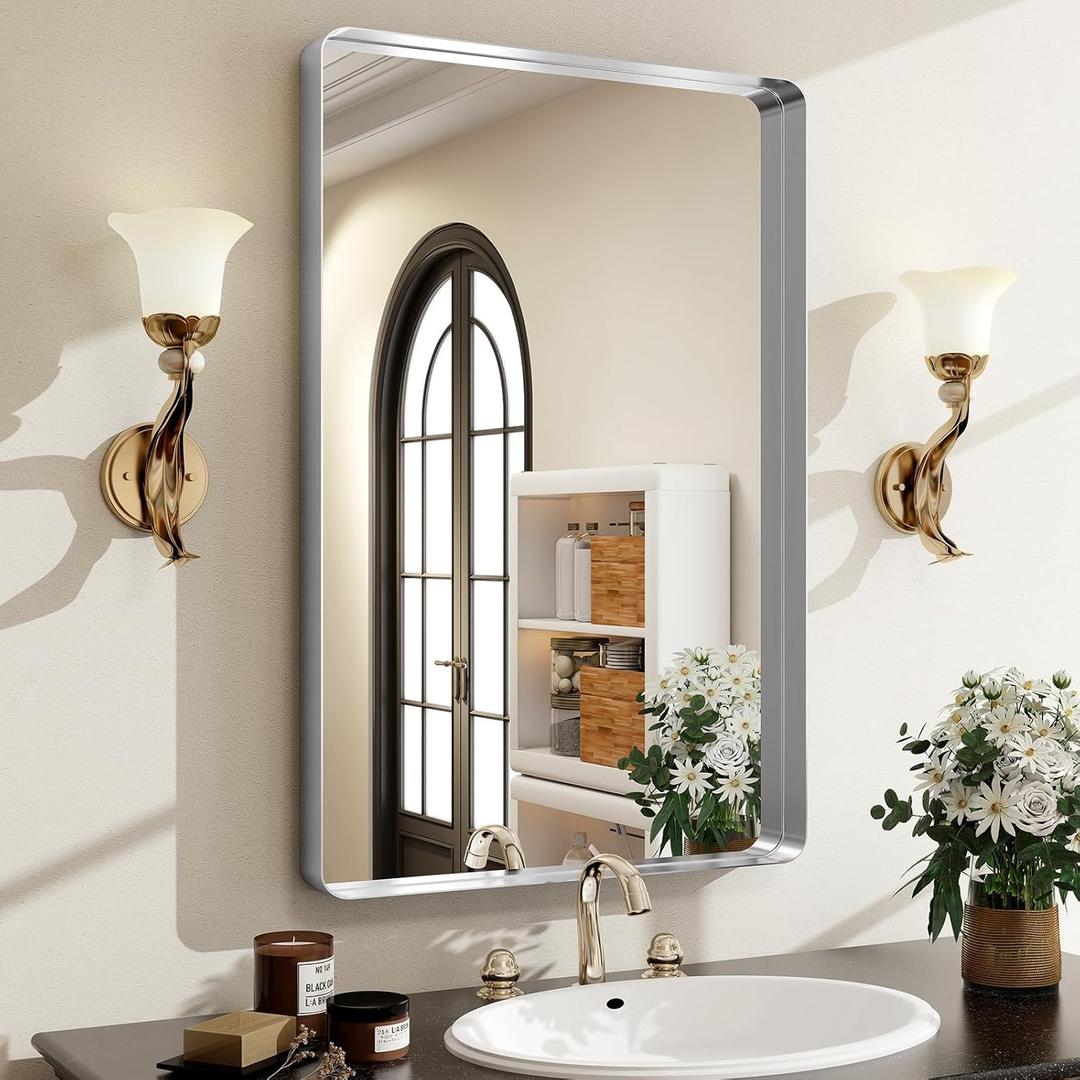 Silver Bathroom Mirror for Wall, 36x24 Inch Rectangular Aluminum Alloy Framed Mirror, Modern Wall Mounted Vanity Mirror for Bathroom, Vertical or Horizontal