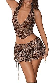 SOLY HUX Women's Y2k Skirt Sets 2 Piece Outfits Leopard Halter Crop Tops and Ruffle Layered Mini Skirt Set (Medium)