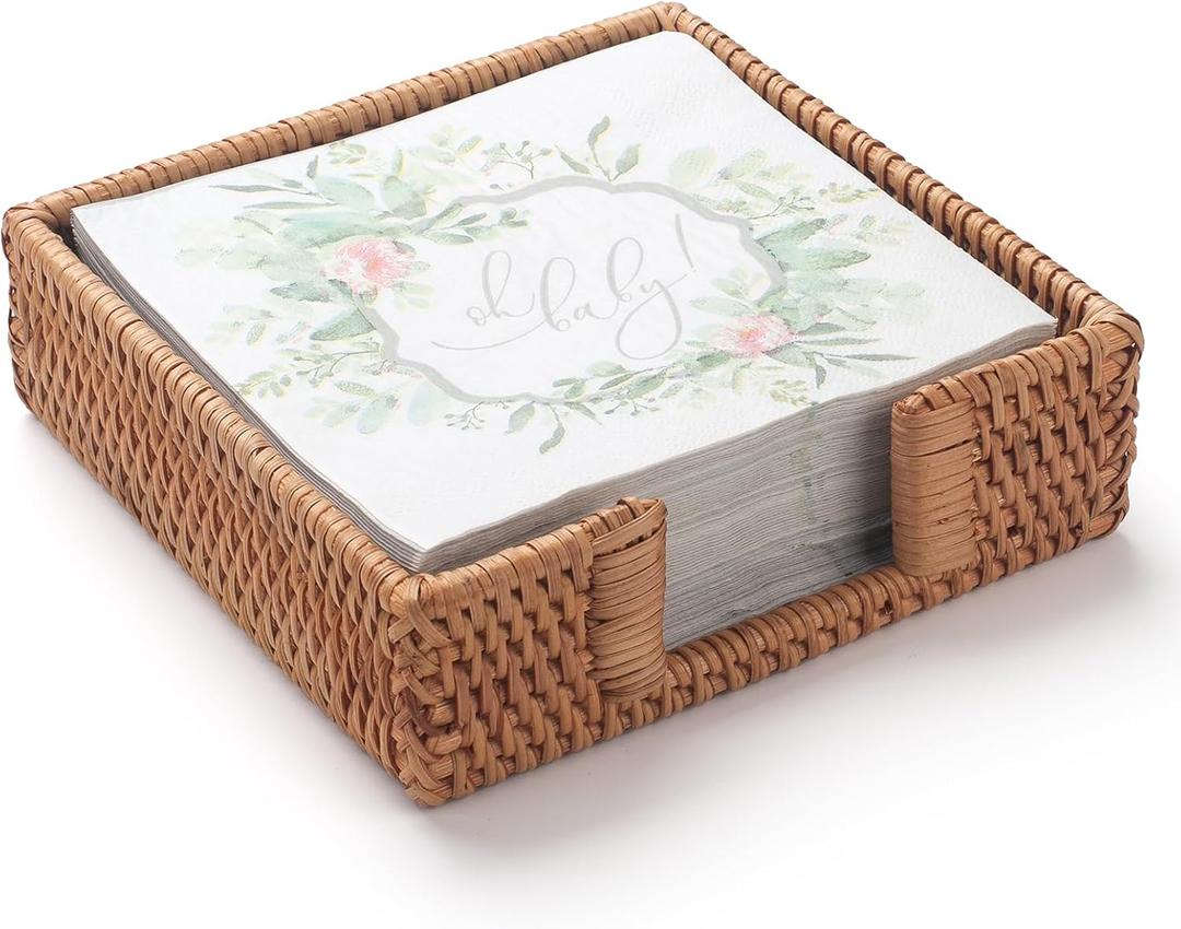 Rattan Napkin Holder Square, Wicker Napkin Basket for Kitchen, Flat Napkin Holders for Paper Napkins, Woven Luncheon Napkin Holder for Table (7.5 x 7.5 x 2.5 inch)