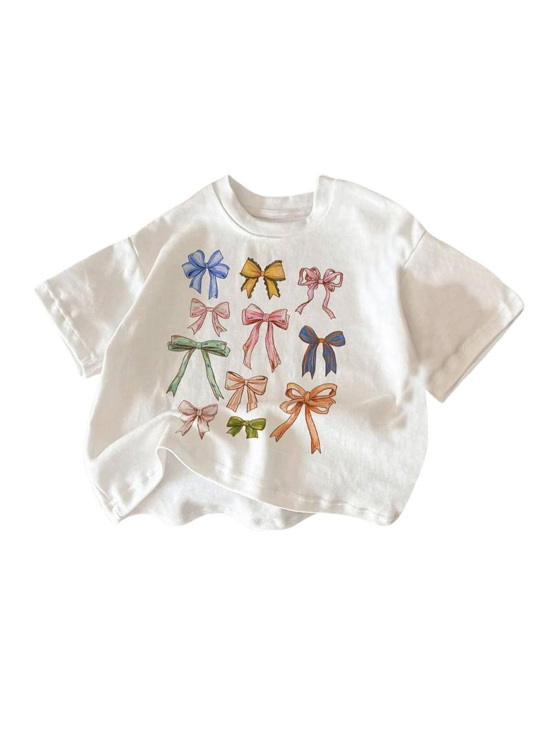 QJQ Girl's Cute Graphic T Shirts Short Sleeve Crewneck Tees Summer Trendy Preppy Tops Clothes Multicolor Bow, 10 Years