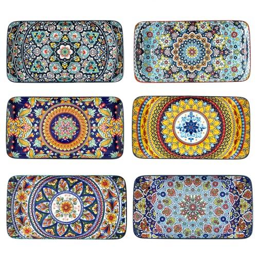 Glowworm 10.5 Inch Rectangular Dinner Plates, Ceramic Salad Plates Set of 6, Porcelain Serving Platters for Dessert, Appetizer, Microwave & Oven Safe, Bohemian