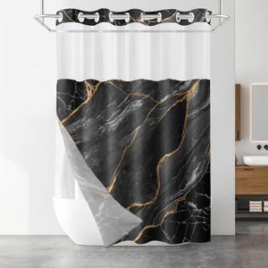 No Hook Shower Curtain with Snap in Liner Set, Black Marble Design, Waterproof Washable Fabric Hotel Shower Curtains for Bathroom Decor with See Through Mesh Top Window 71x74 Inch