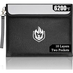2 Pockets Fireproof Document Bag 6200F, 10 Layers Waterproof Fireproof Money Bag for Cash with Reflective Strip, Heat Insulated Waterproof Document Holder Pouch, Fire Safe Storage (Black)