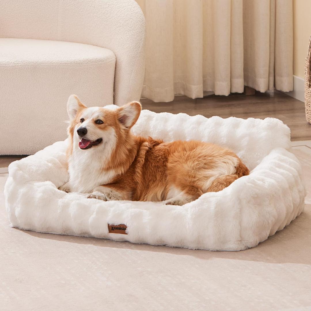 Dog Couch Bed - Fluffy Dog Sofa, Large Orthopedic Pet Sofa Bed with Removable Washable Cover, Faux Fur Calming Cute Pet Couch with Supportive Egg Foam and Non-Slip Bottom, Ivory White (35.0"L x 25.0"W x 12.5"Th)