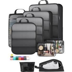 Veken 9/11 Set Compression Packing Cubes for Travel Essentials,Compressible Expandable Large Luggage Suitcase Organizer Bags for Clothing,Durable Space Saver Storage Bags with Toiletry Bags(Black)