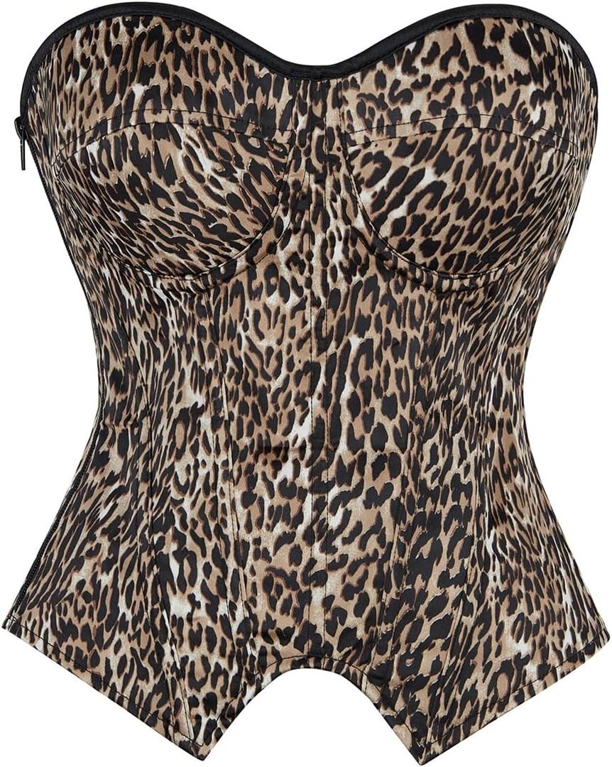 SHYMMUO Women Black Corset Top Elegant Strapless Bustier Tops Lace Up Sexy Office Lady Cosplay Costume Secretary Outfit (XX-Large, Leopard Print)