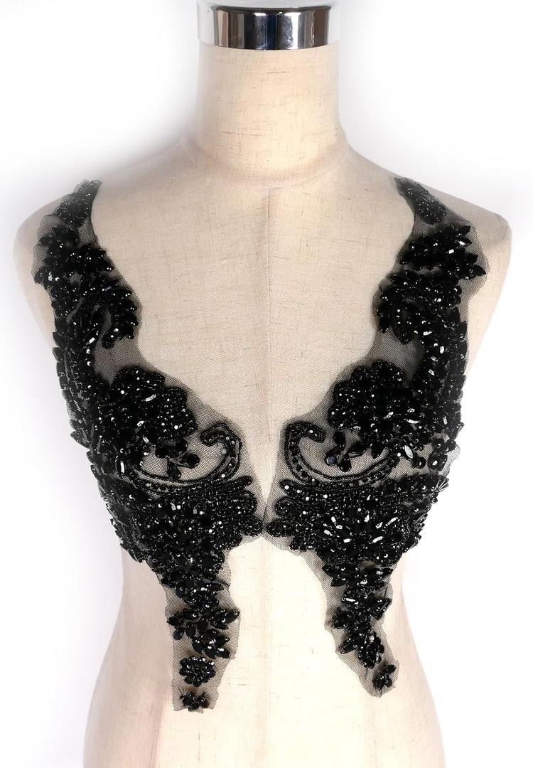 Luxury Look Shiny Rhinestone Pair Applique Patch in Gold Silver champgane AB Color for Prom Dress Belt Arts Crafts Sewing decorat (Black-B)