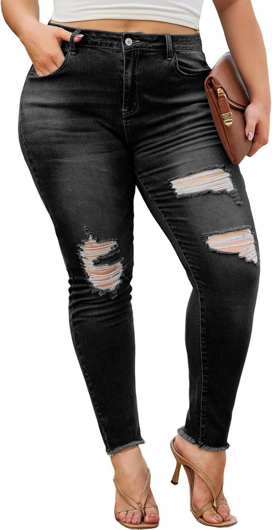 LALAGEN Women 2026 Plus Size Skinny Jeans Stretchy High Waisted Ankle Jean Destroyed Ripped Denim Pants 1X-5X (Black)