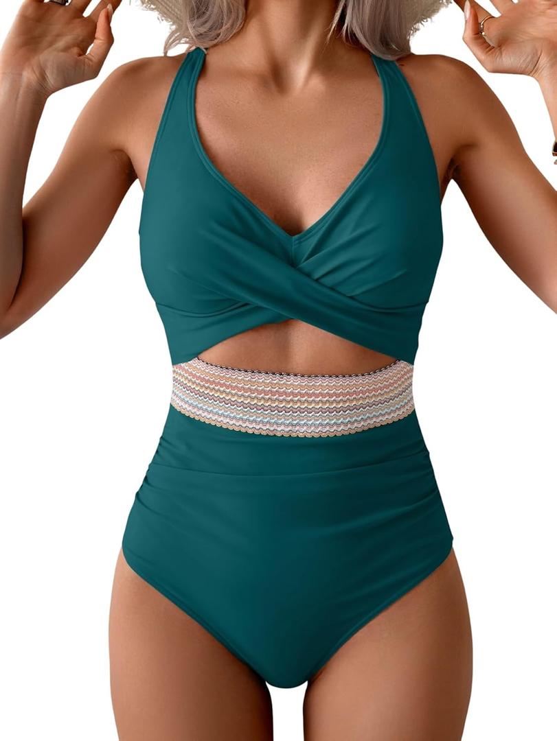 B2prity One Piece Swimsuit for Women Tummy Control V Neck Bathing Suit Color Block High Waisted Cutout Swimwear (X-Large, Green)