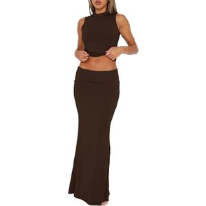 Skirt Sets Women 2 Piece Outfits - Sexy Two Pc Sleeveless Tank Crop Top Fold Over Maxi Long Skirts (Small, Dark Brown)