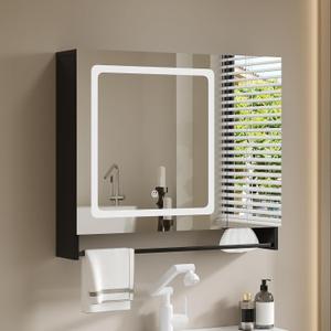 ChooChoo Bathroom Medicine Cabinet with Mirror, Modern Mirror Cabinet with LED Lights, Bathroom Wall Cabinet with Adjustable Shleves, Towel Bar, Black