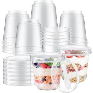 Jingmore 25 Pack 9.5oz Clear Plastic Yogurt Parfait Cups Disposable Overnight Oats Containers with Lids and Spoons Cake Fruit Jars for Food Storage Salad Ice Creams Pudding Snacks (Round Style)